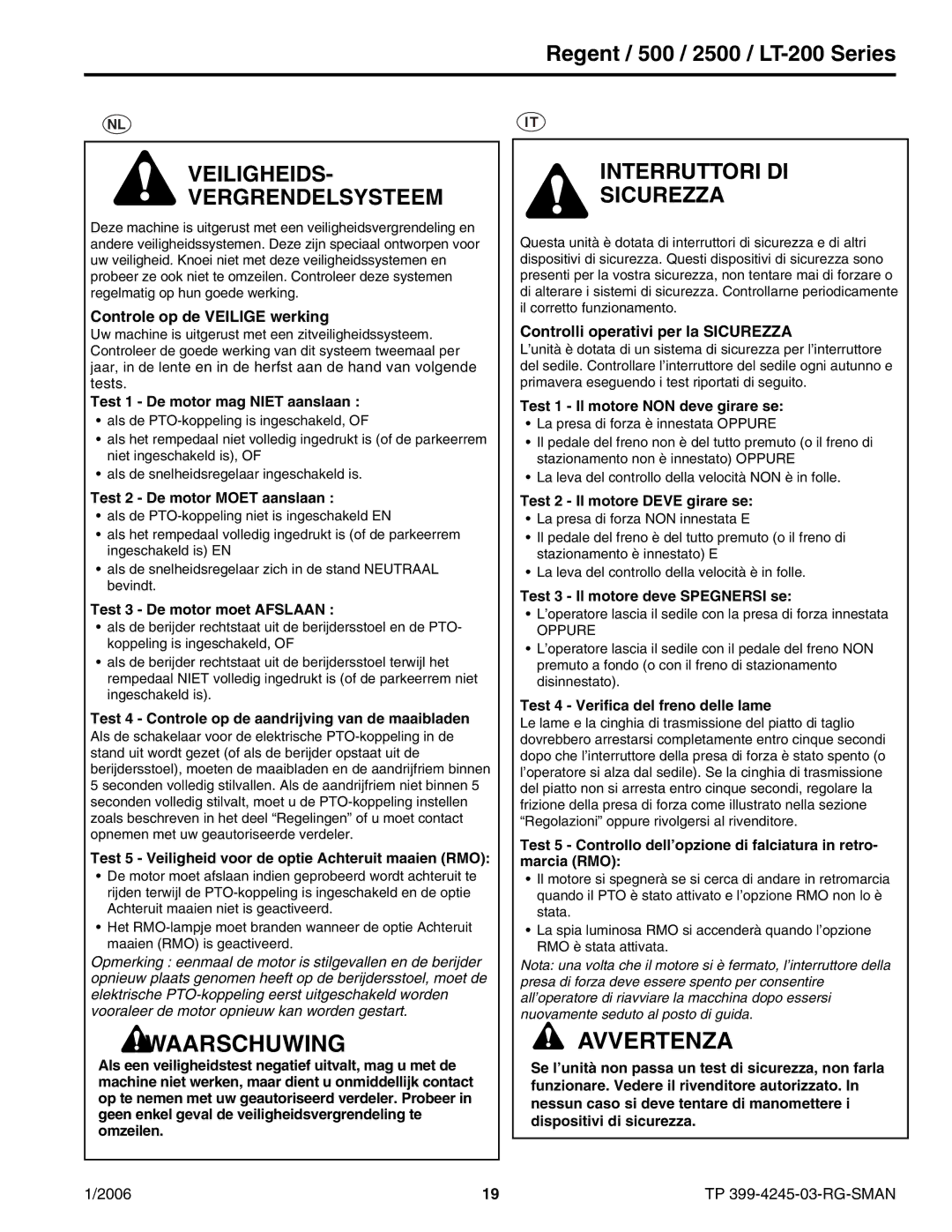 Simplicity 2500, LT-200 manual Veiligheids Vergrendelsysteem, Interruttori DI Sicurezza 