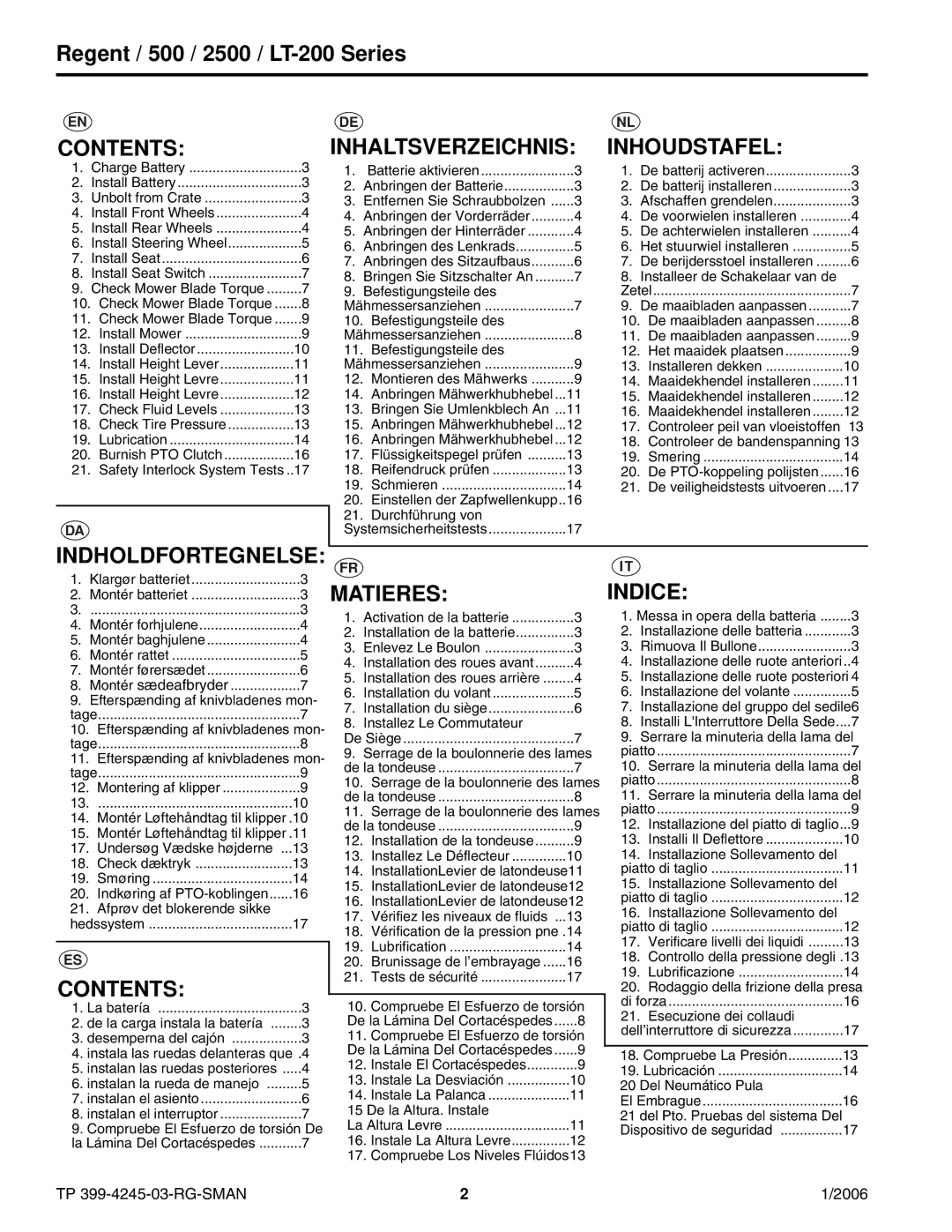 Simplicity LT-200, 2500 manual Contents, Inhaltsverzeichnis, Inhoudstafel, Matieres, Indice 