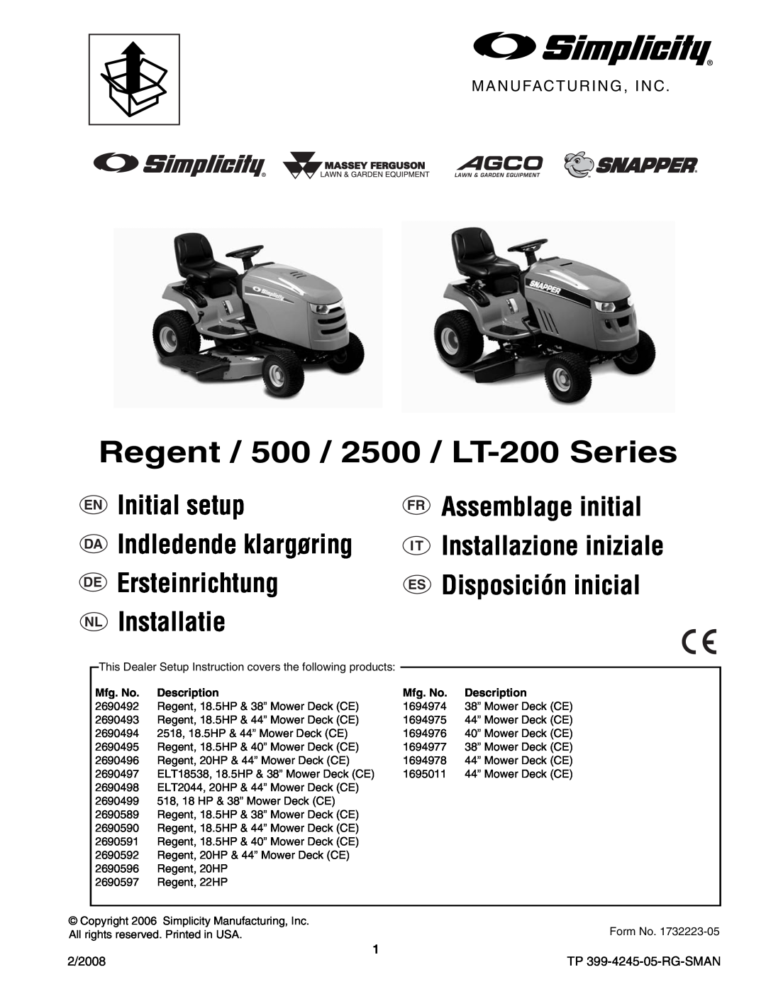 Simplicity manual Regent / 500 / 2500 / LT-200Series, Manufacturing, Inc, En Da De Nl, Fr It Es, Mfg. No, Description 