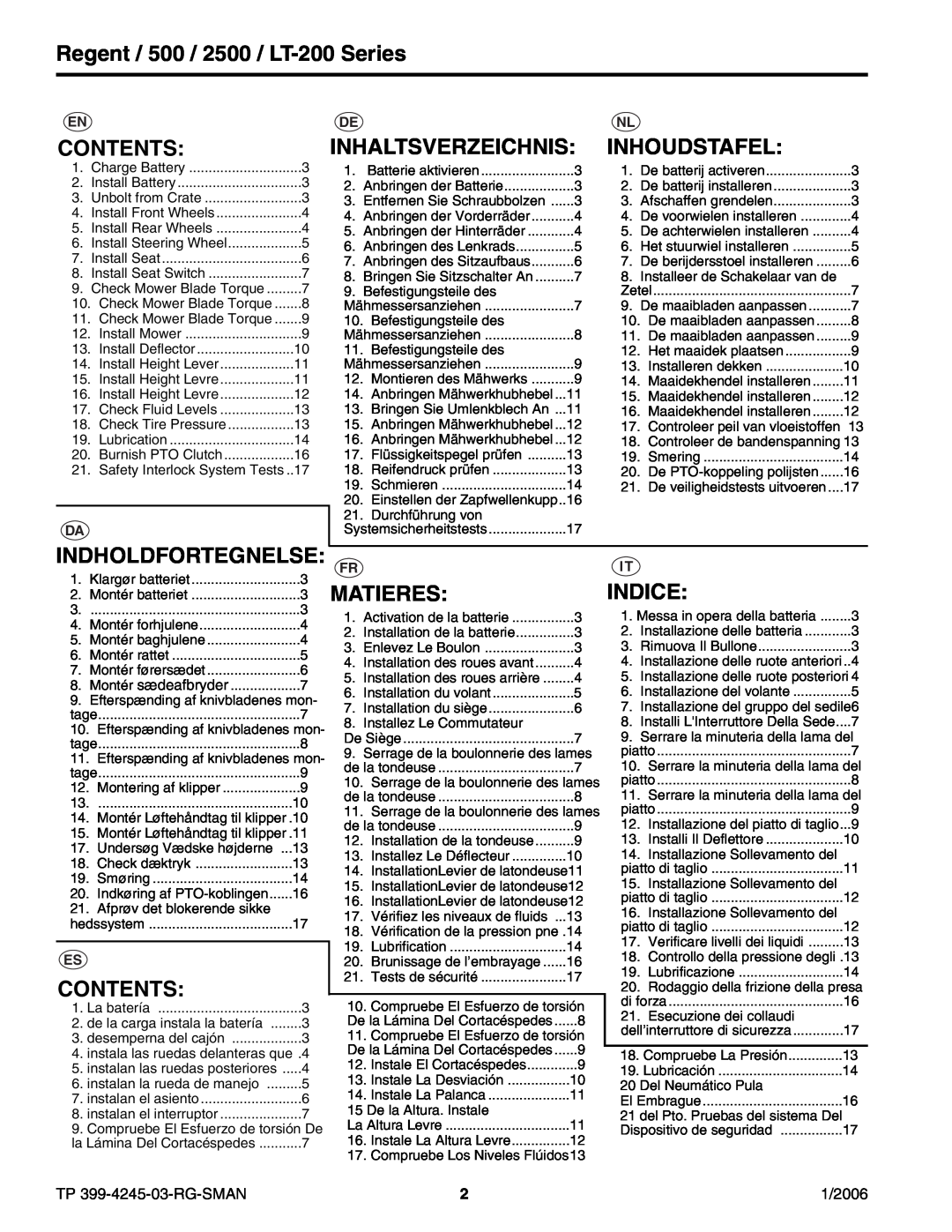Simplicity manual Regent / 500 / 2500 / LT-200Series, Contents, Inhaltsverzeichnis, Inhoudstafel, Matieres, Indice 
