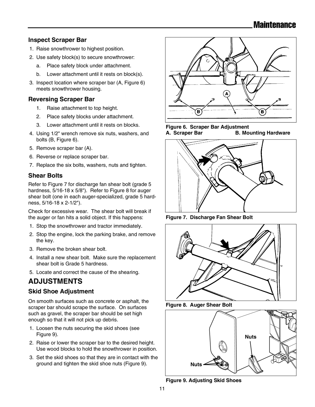 Simplicity LX 2900 manual Adjustments, Inspect Scraper Bar, Reversing Scraper Bar, Shear Bolts, Skid Shoe Adjustment 