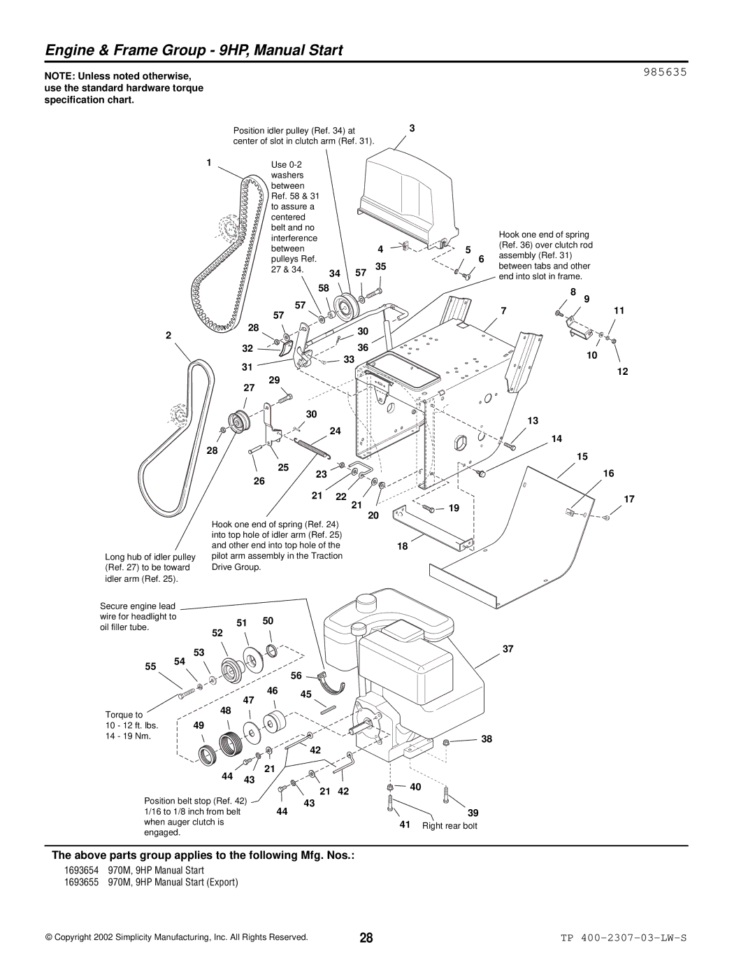 Simplicity HMSK80, OSHK80, HMSK110 manual Engine & Frame Group 9HP, Manual Start, 985635 