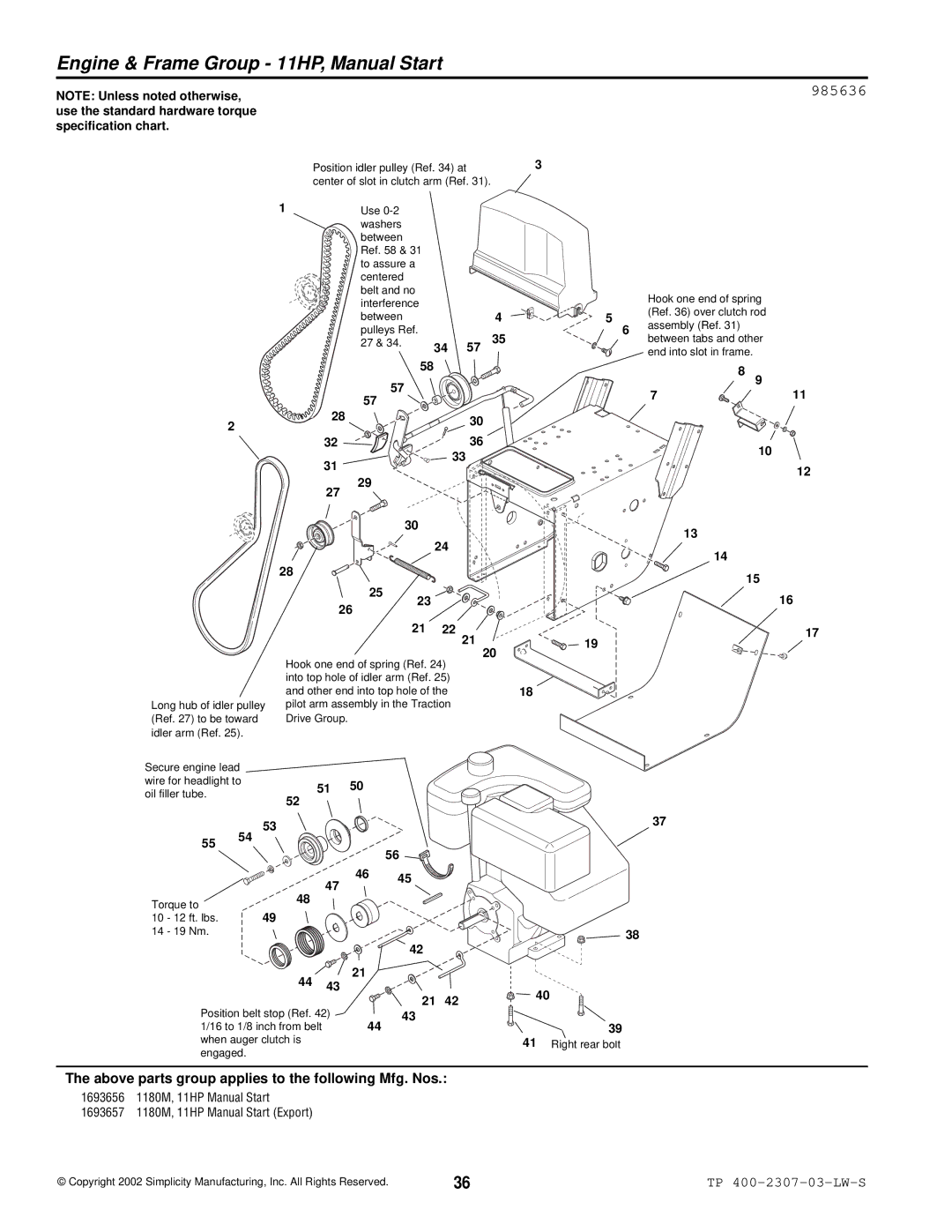 Simplicity HMSK110, OSHK80, HMSK80 manual Engine & Frame Group 11HP, Manual Start, 985636 