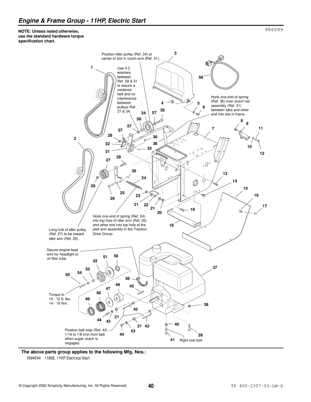Simplicity HMSK80, OSHK80, HMSK110 manual Engine & Frame Group 11HP, Electric Start, 986099 