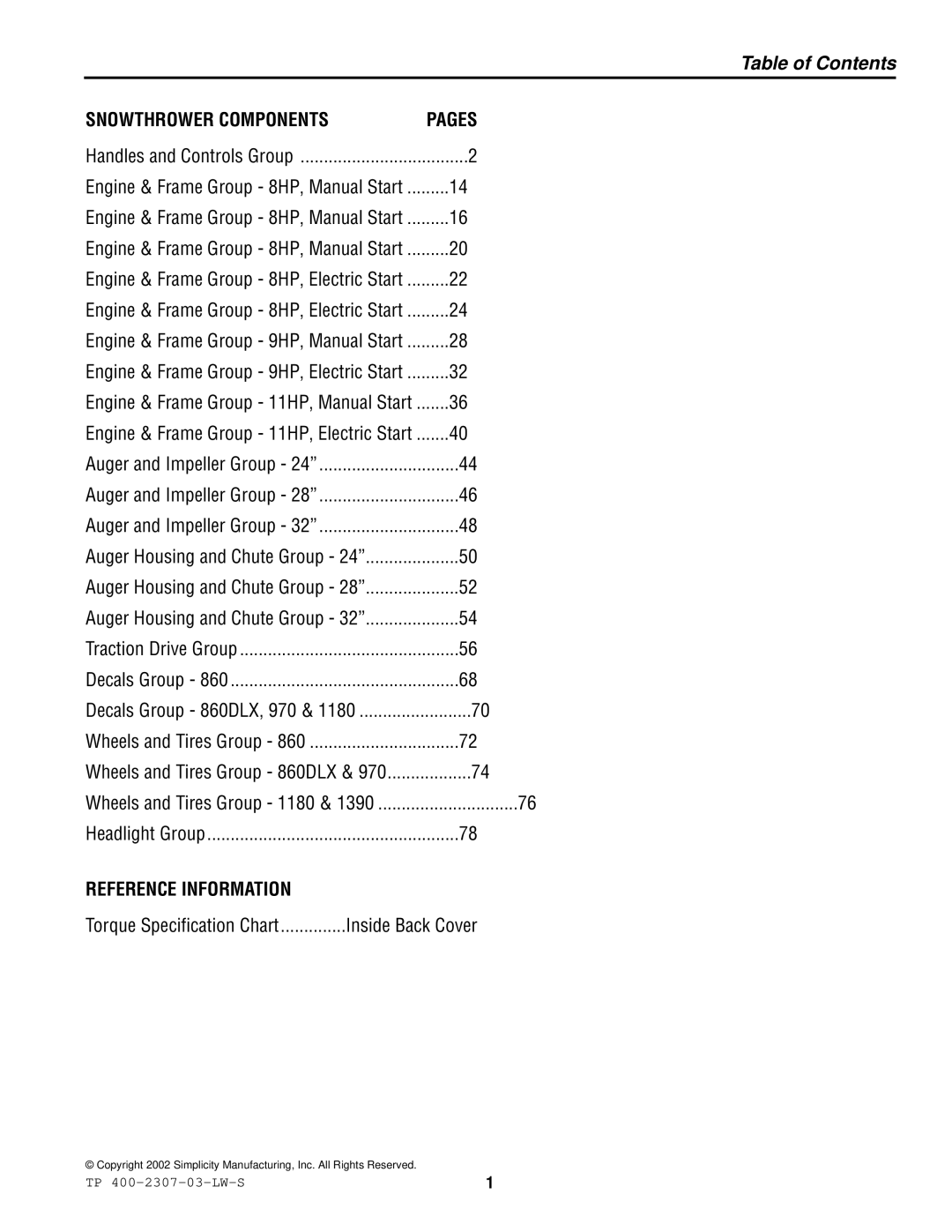 Simplicity HMSK80, OSHK80, HMSK110 manual Table of Contents 