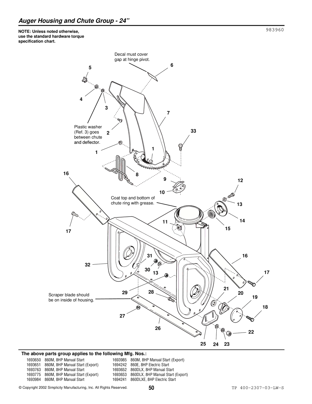 Simplicity OSHK80, HMSK110, HMSK80 manual Auger Housing and Chute Group, 983960 