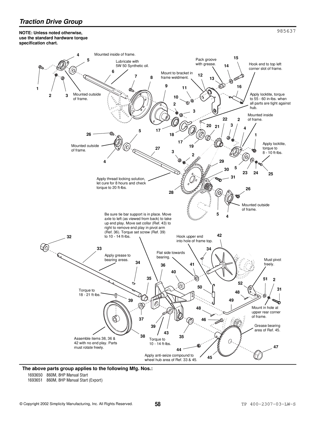 Simplicity HMSK80, OSHK80, HMSK110 manual Traction Drive Group 