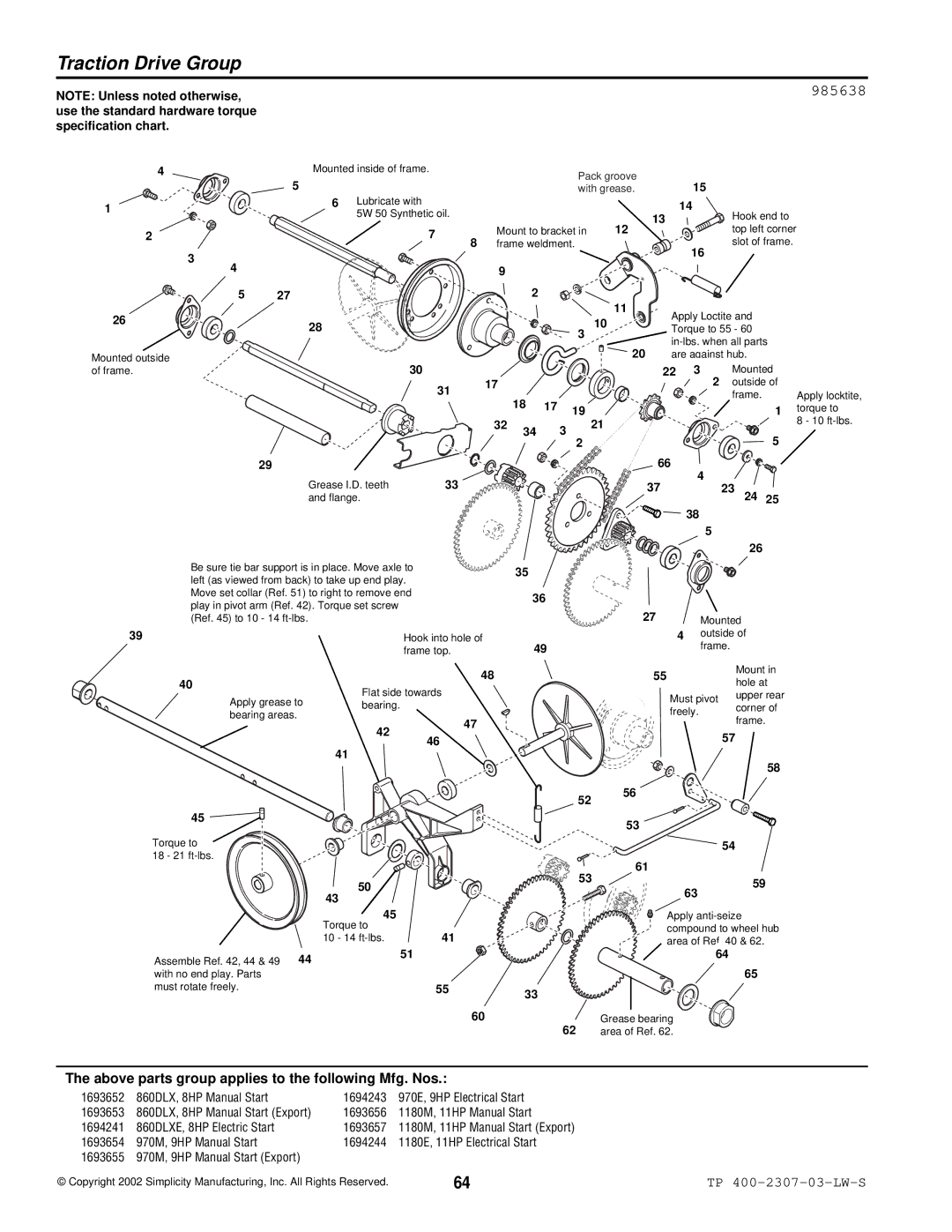 Simplicity HMSK80, OSHK80, HMSK110 manual 985638, Pack groove With grease 