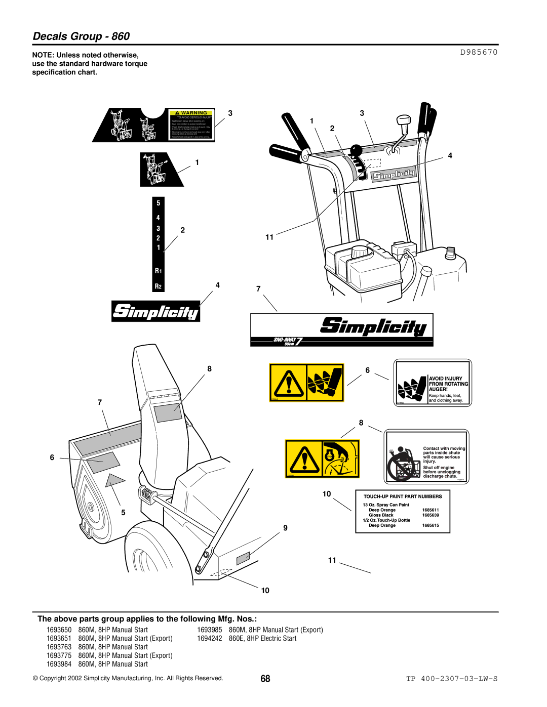 Simplicity OSHK80, HMSK110, HMSK80 manual Decals Group, D985670 