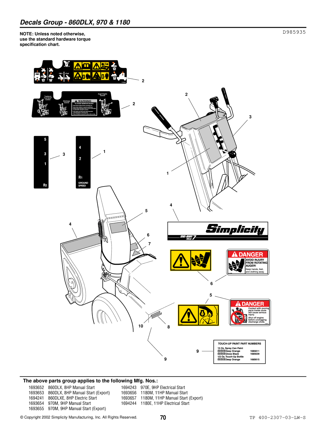 Simplicity HMSK80, OSHK80, HMSK110 manual Decals Group 860DLX, 970, D985935 