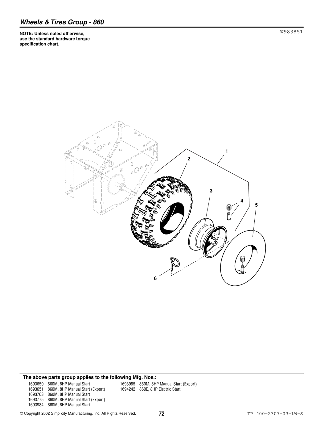 Simplicity HMSK110, OSHK80, HMSK80 manual Wheels & Tires Group, W983851 