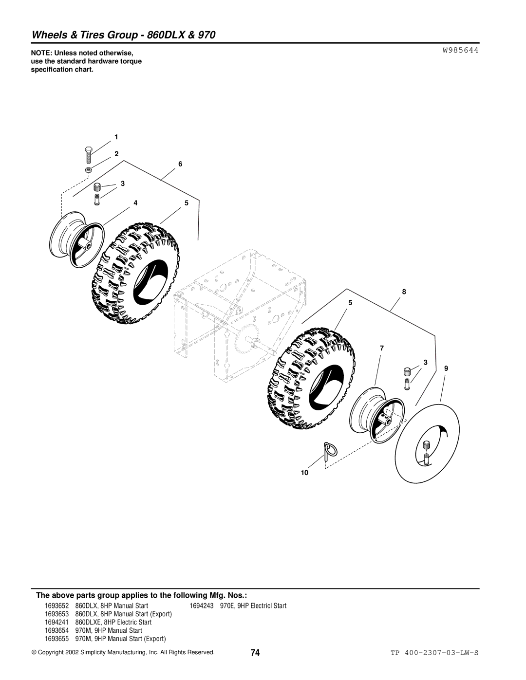 Simplicity OSHK80, HMSK110, HMSK80 manual Wheels & Tires Group 860DLX, W985644 