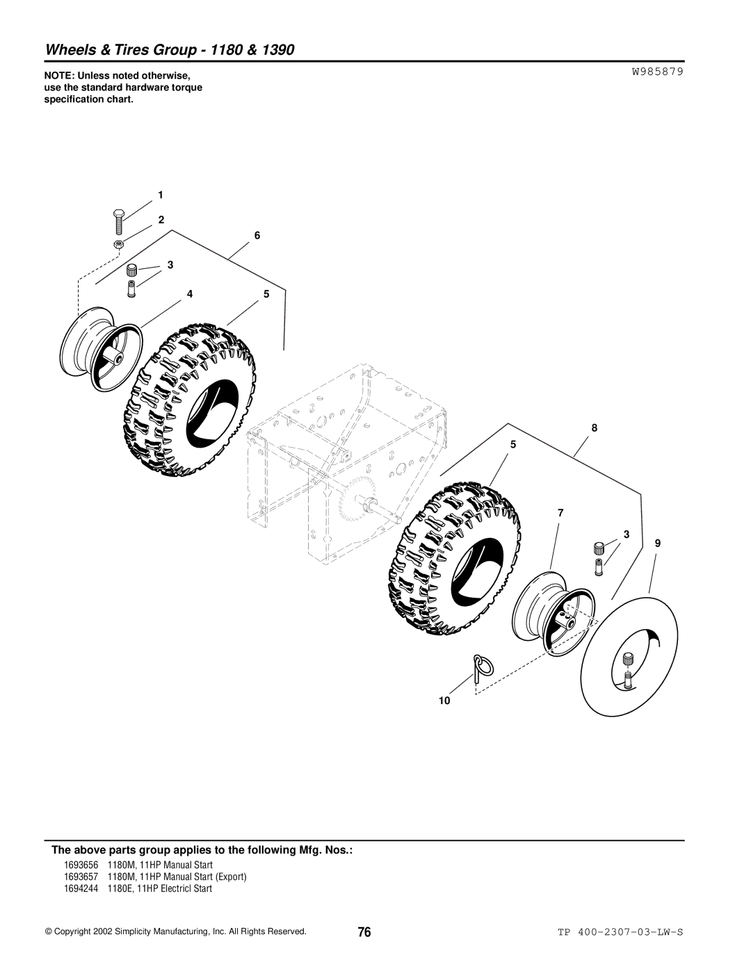 Simplicity HMSK80, OSHK80, HMSK110 manual Wheels & Tires Group 1180, W985879 