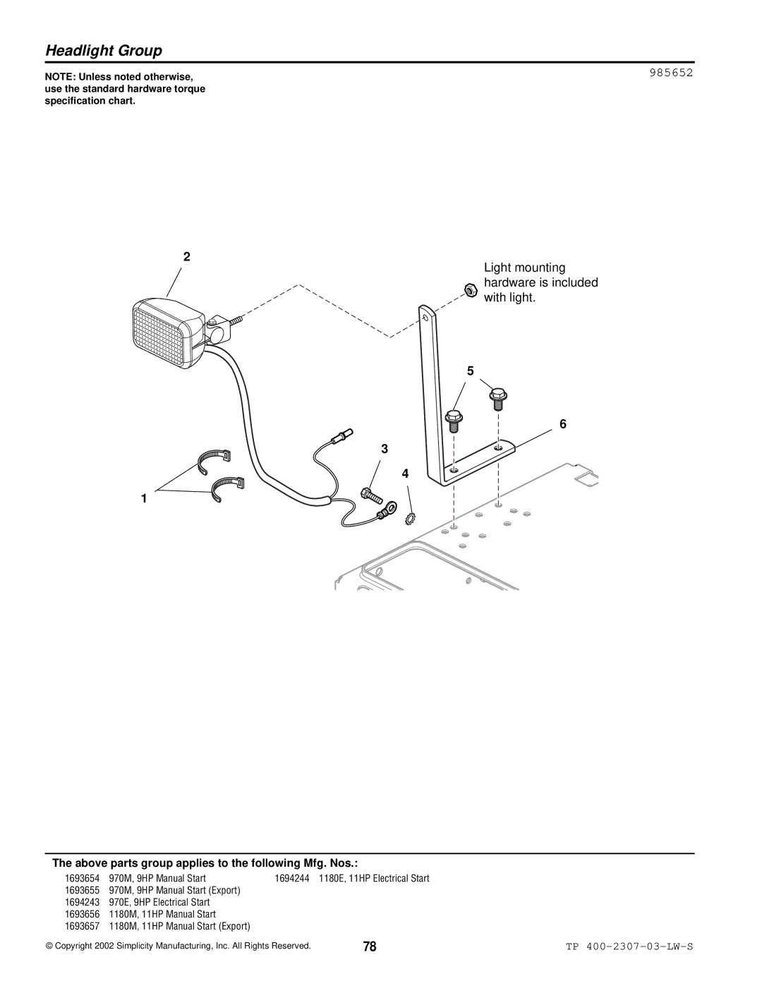 Simplicity HMSK110, OSHK80, HMSK80 manual Headlight Group, 985652 