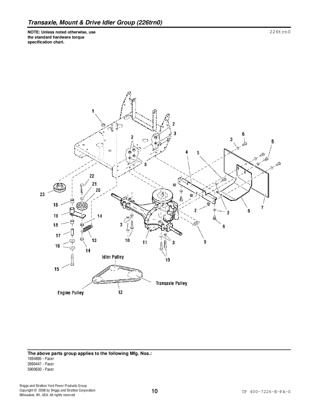 Simplicity Pacer manual Transaxle, Mount & Drive Idler Group 226trn0 