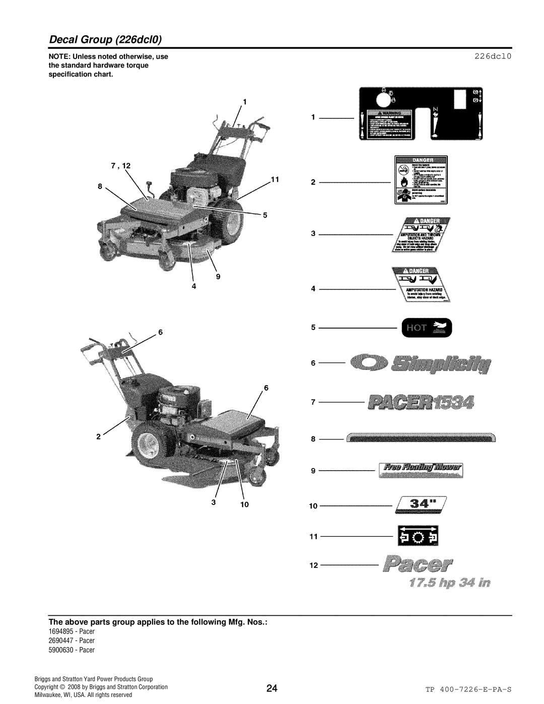 Simplicity Pacer manual Decal Group 226dcl0 