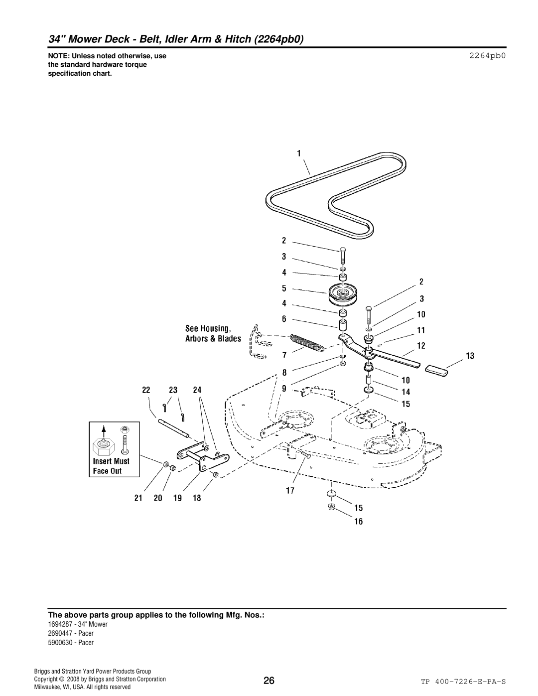 Simplicity Pacer manual Mower Deck Belt, Idler Arm & Hitch 2264pb0 