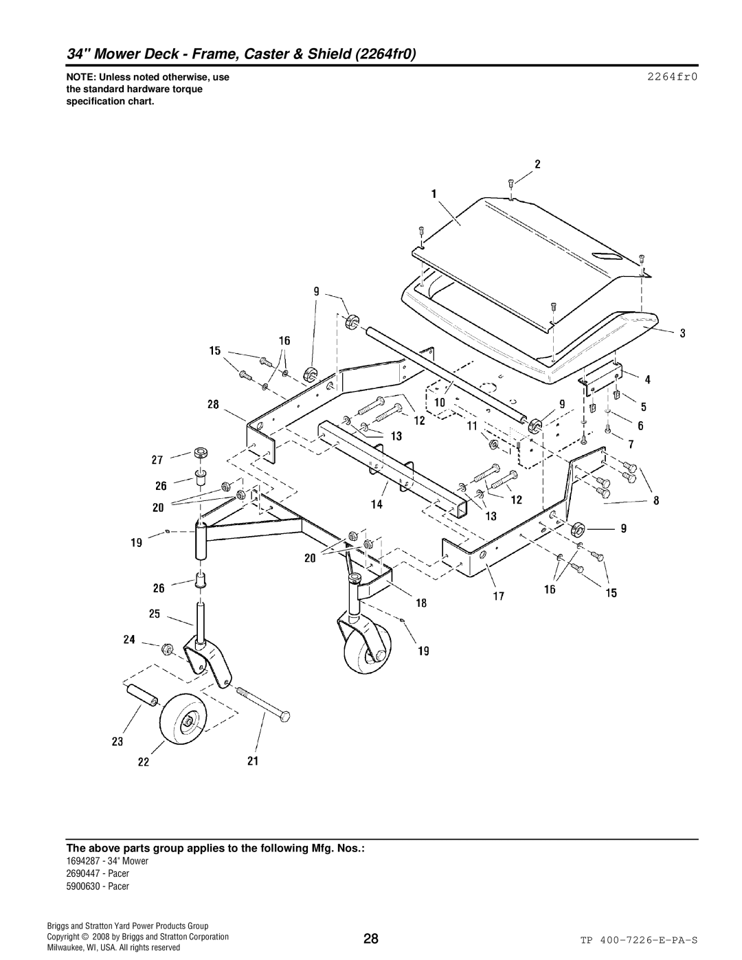 Simplicity Pacer manual Mower Deck Frame, Caster & Shield 2264fr0 