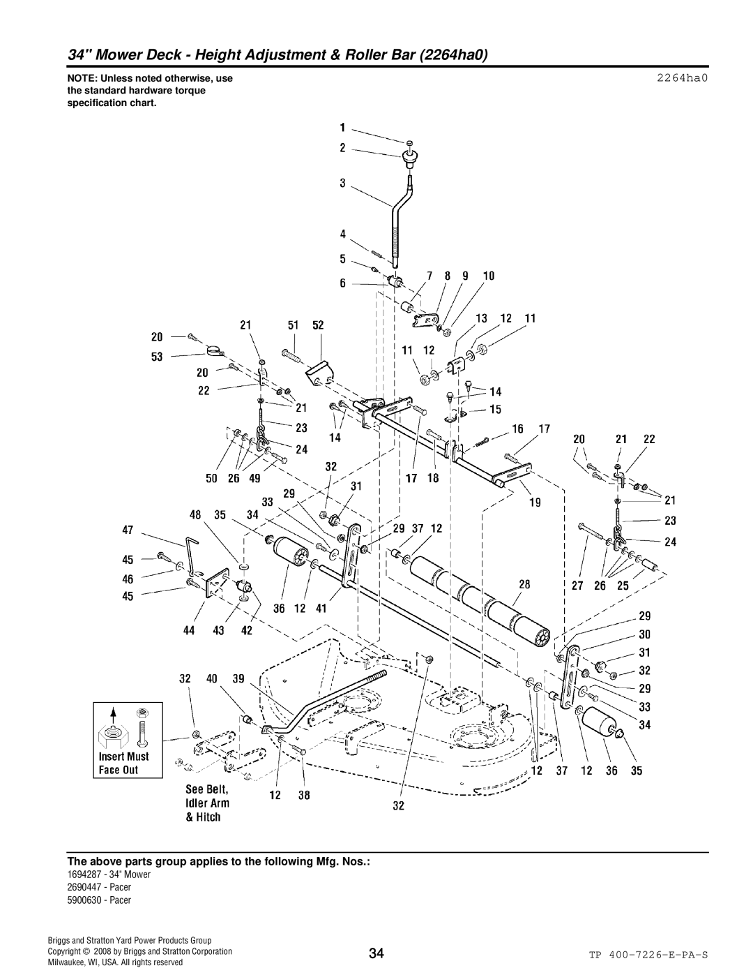 Simplicity Pacer manual Mower Deck Height Adjustment & Roller Bar 2264ha0 