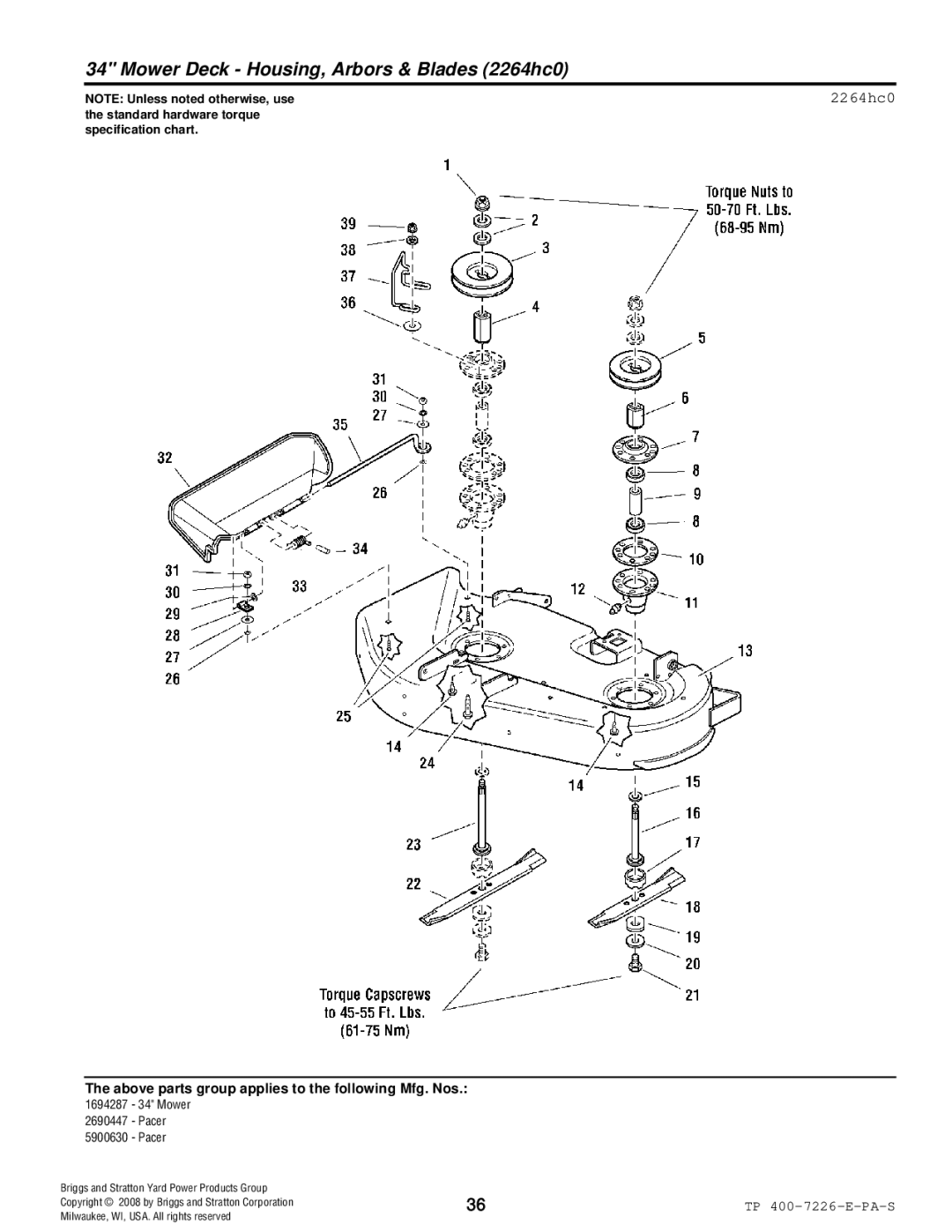 Simplicity Pacer manual Mower Deck Housing, Arbors & Blades 2264hc0 