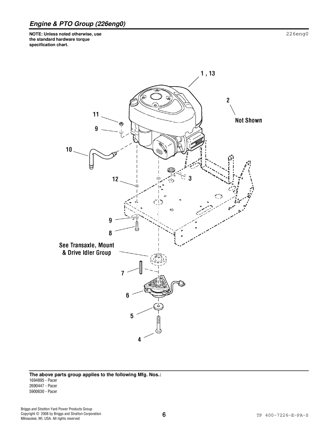 Simplicity Pacer manual Engine & PTO Group 226eng0 