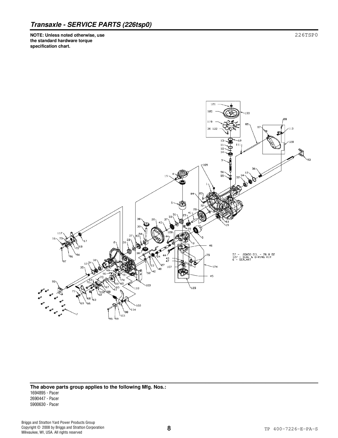 Simplicity Pacer manual Transaxle Service Parts 226tsp0, 226TSP0 