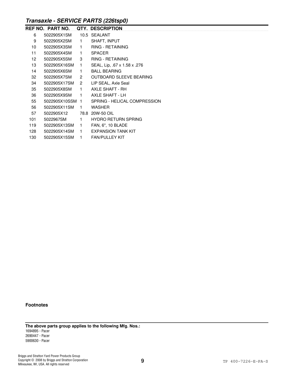 Simplicity Pacer manual Sealant, SHAFT, Input, Ring Retaining, Spacer, Ball Bearing, Outboard Sleeve Bearing, Axle Shaft RH 