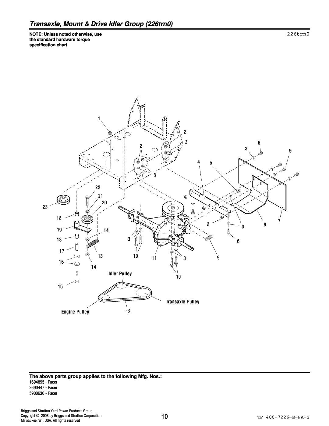 Simplicity Pacer manual Transaxle, Mount & Drive Idler Group 226trn0, NOTE Unless noted otherwise, use 