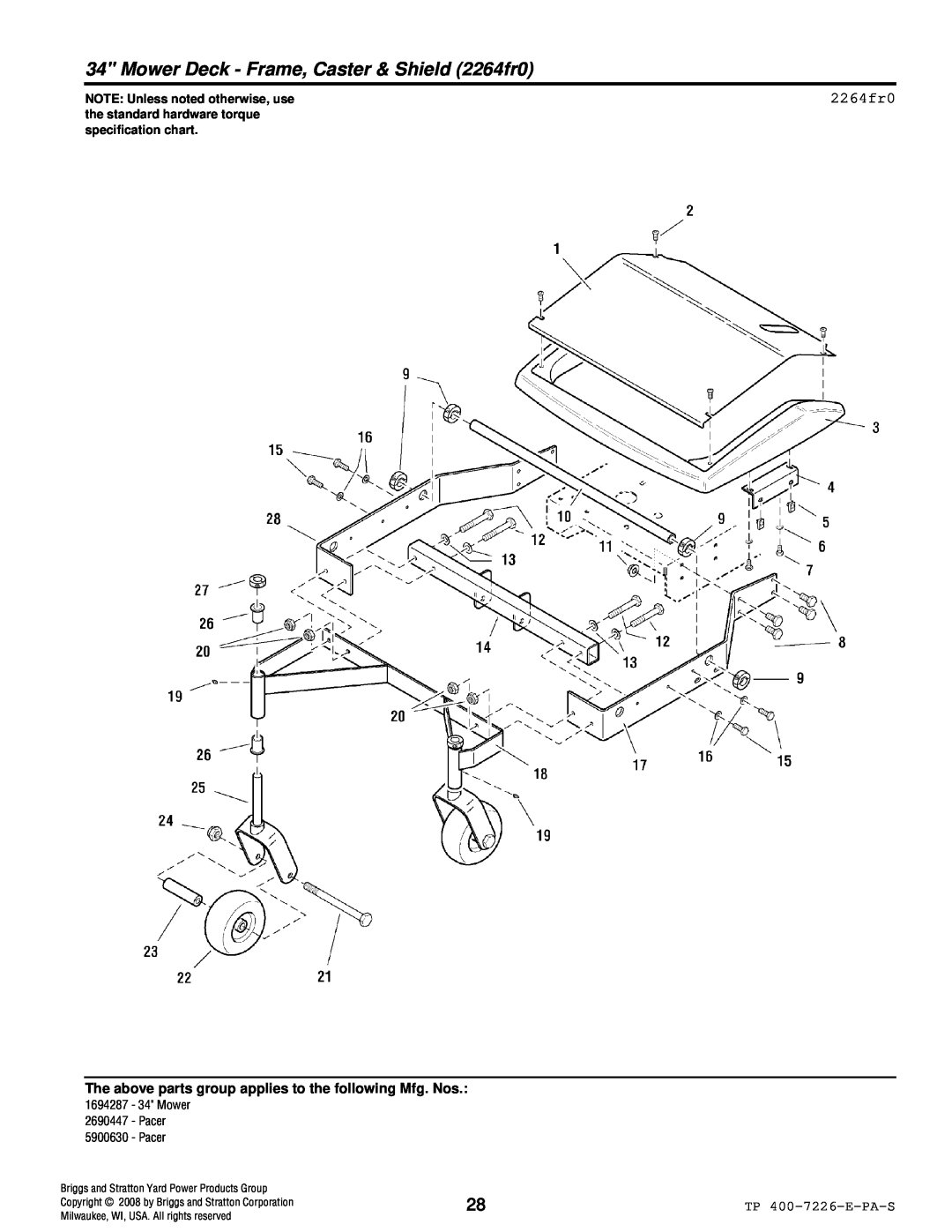 Simplicity Pacer manual Mower Deck - Frame, Caster & Shield 2264fr0, NOTE Unless noted otherwise, use 