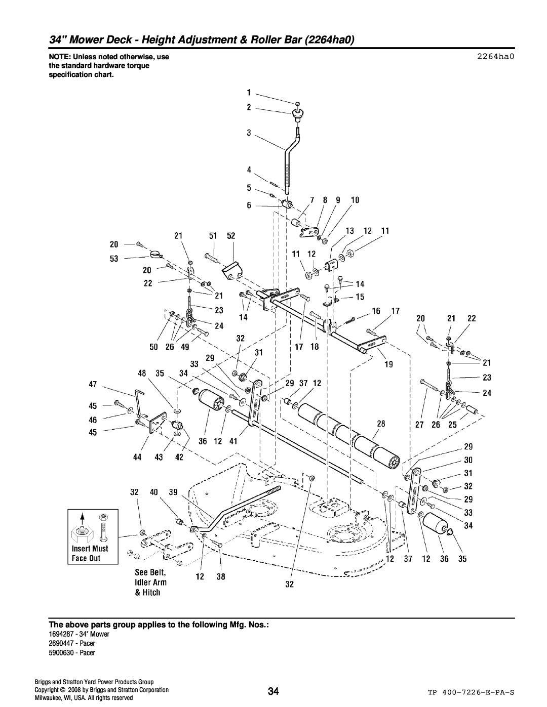 Simplicity Pacer manual 2264ha0, NOTE Unless noted otherwise, use, the standard hardware torque specification chart 
