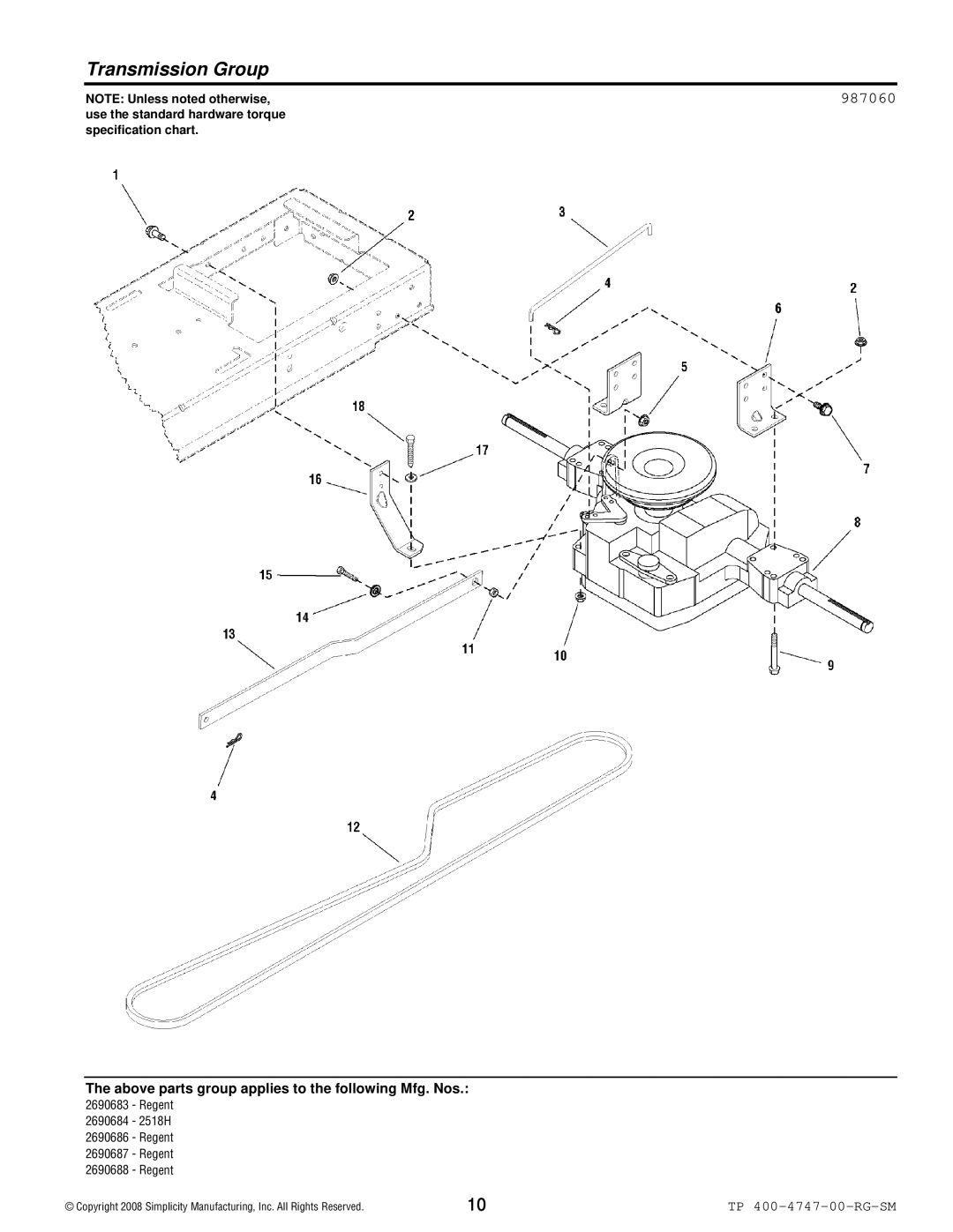 Simplicity Regent / 2500 manual Transmission Group, 987060 