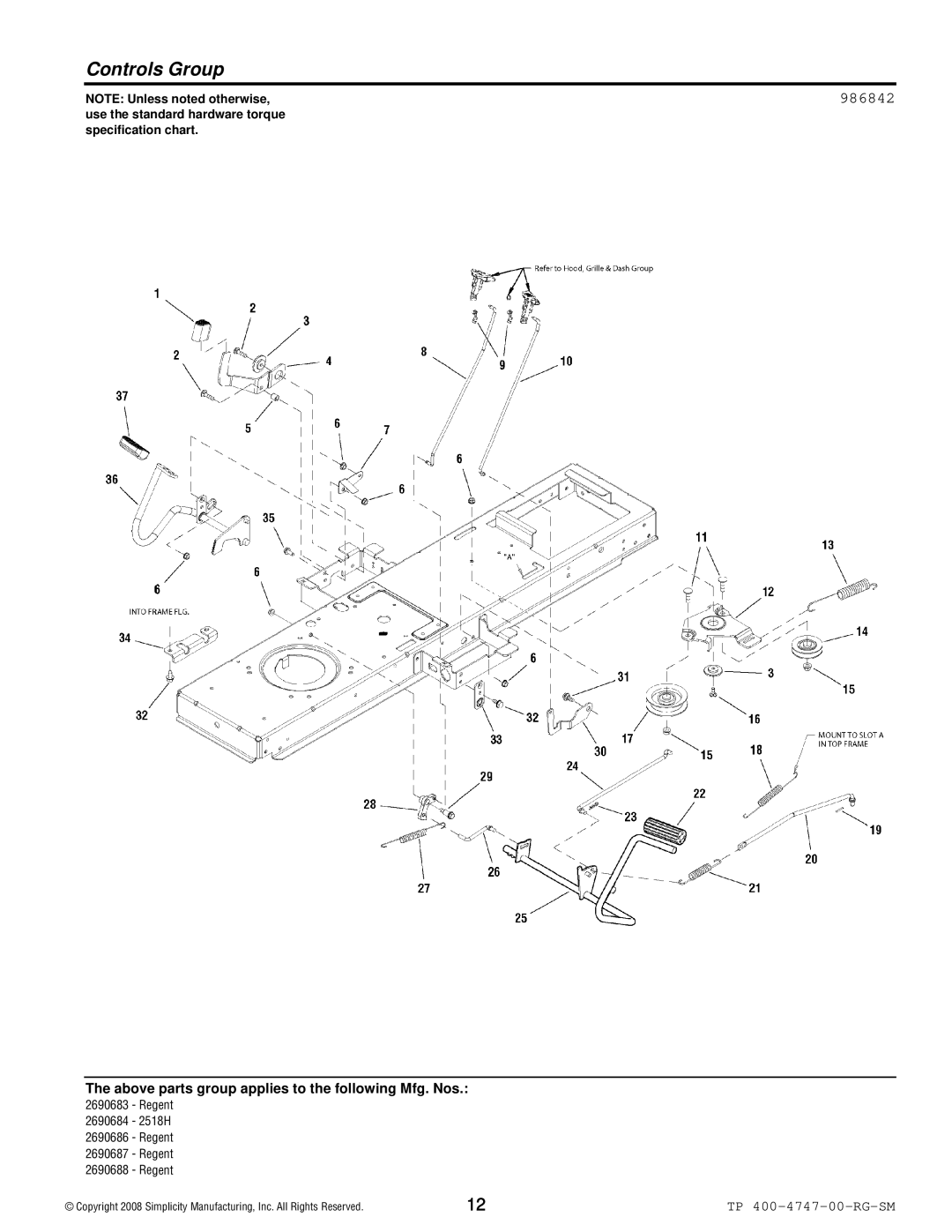 Simplicity Regent / 2500 manual Controls Group, 986842 