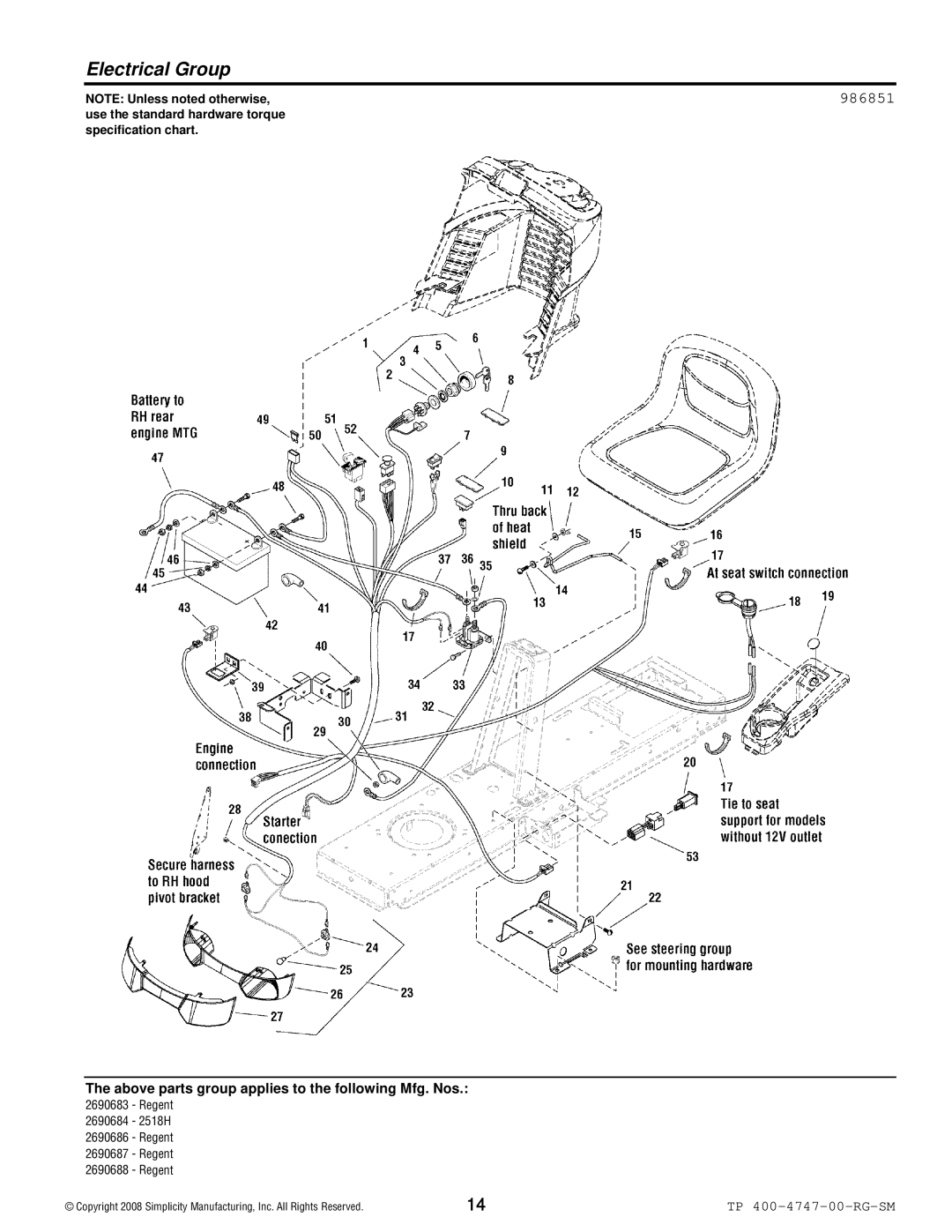 Simplicity Regent / 2500 manual Electrical Group, 986851 