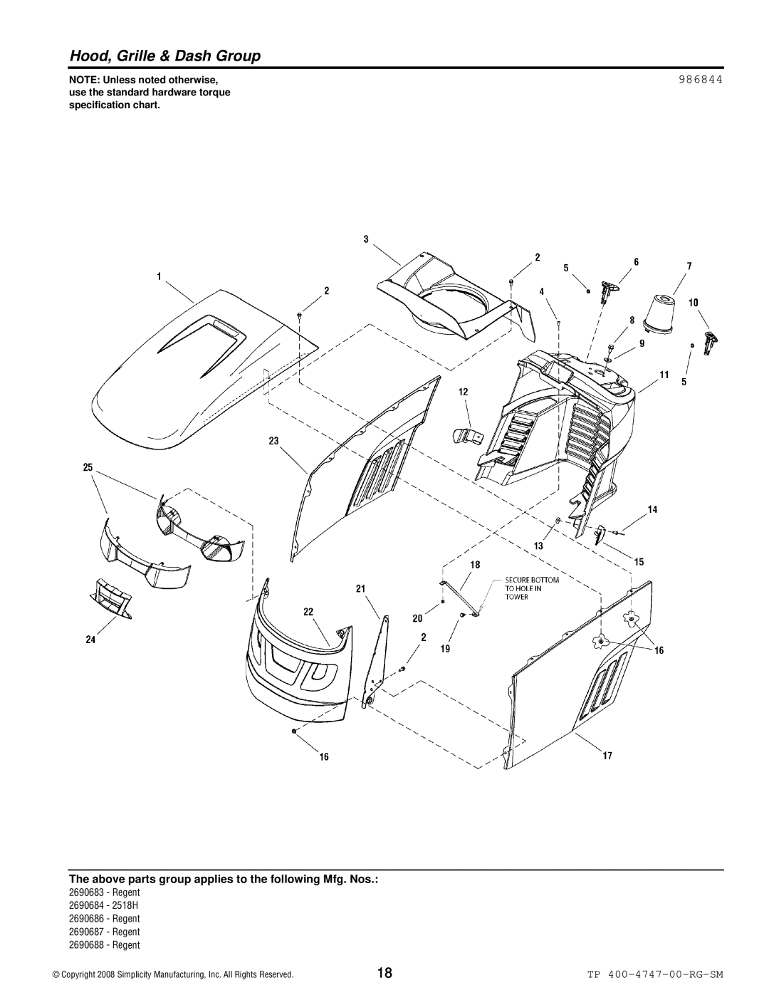 Simplicity Regent / 2500 manual Hood, Grille & Dash Group, 986844 