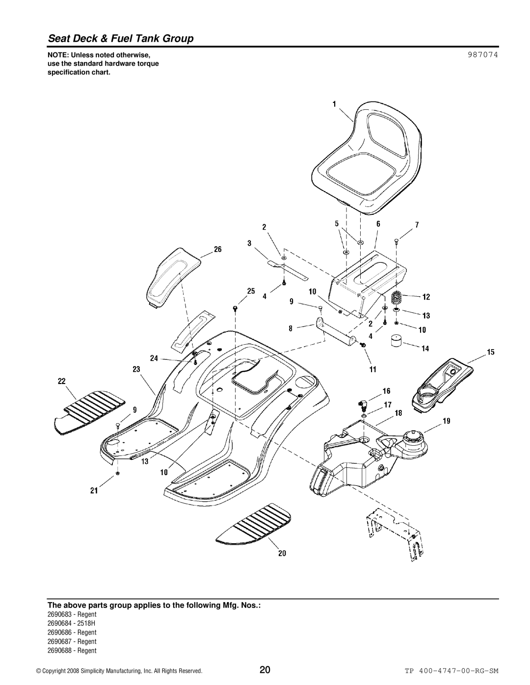 Simplicity Regent / 2500 manual Seat Deck & Fuel Tank Group, 987074 