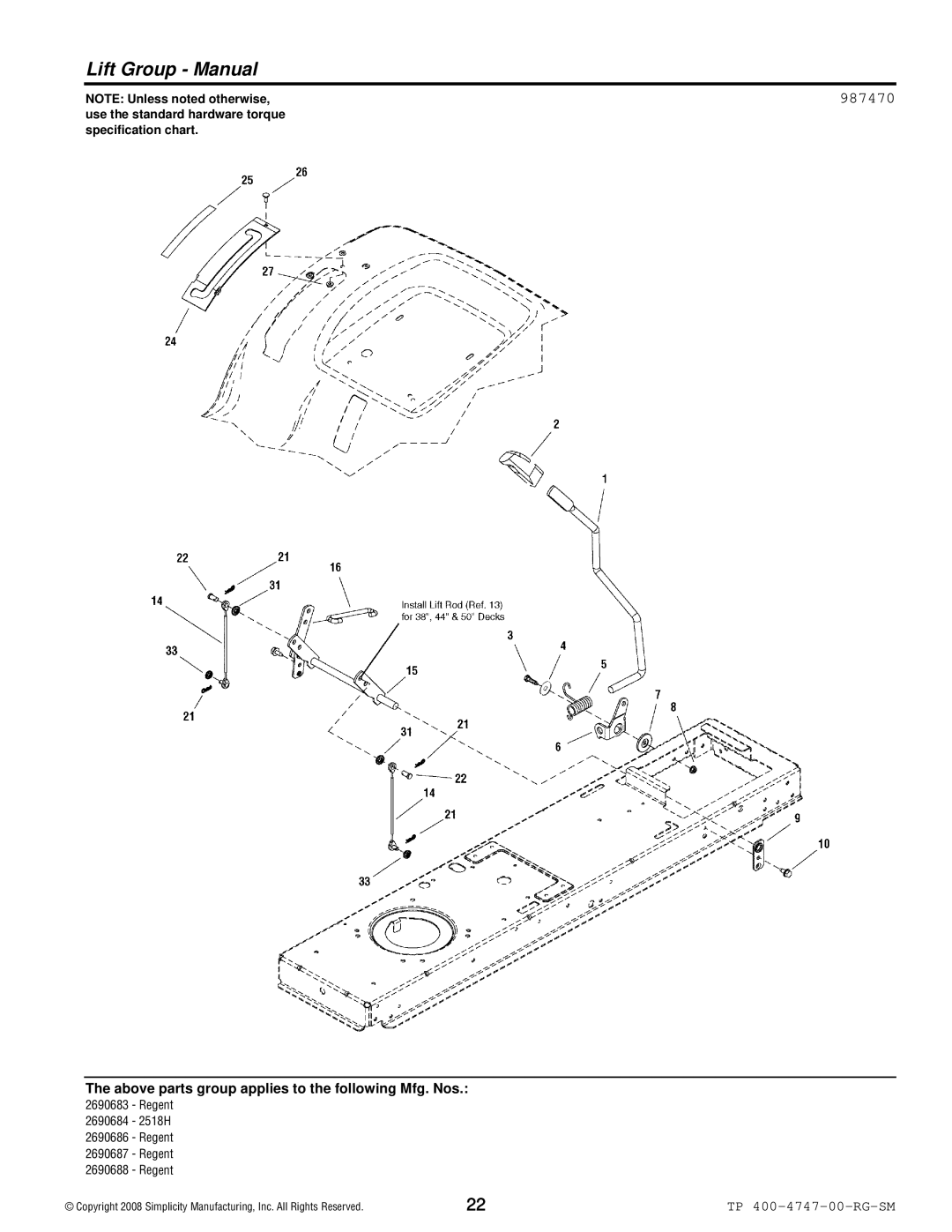 Simplicity Regent / 2500 manual Lift Group Manual, 987470 