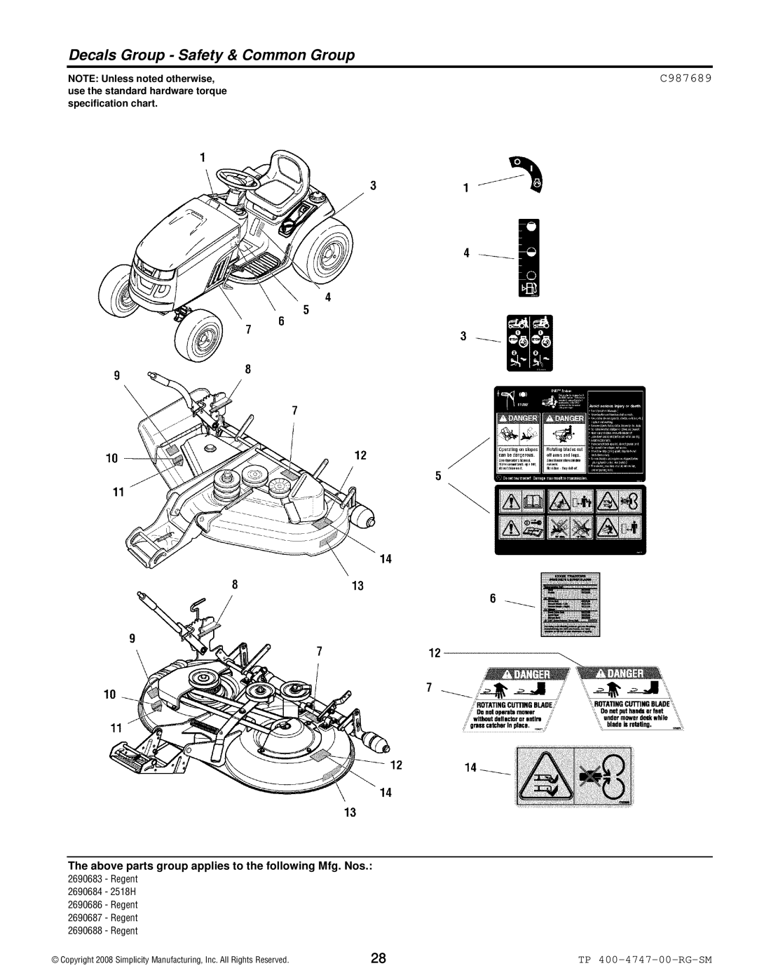 Simplicity Regent / 2500 manual Decals Group Safety & Common Group, C987689 