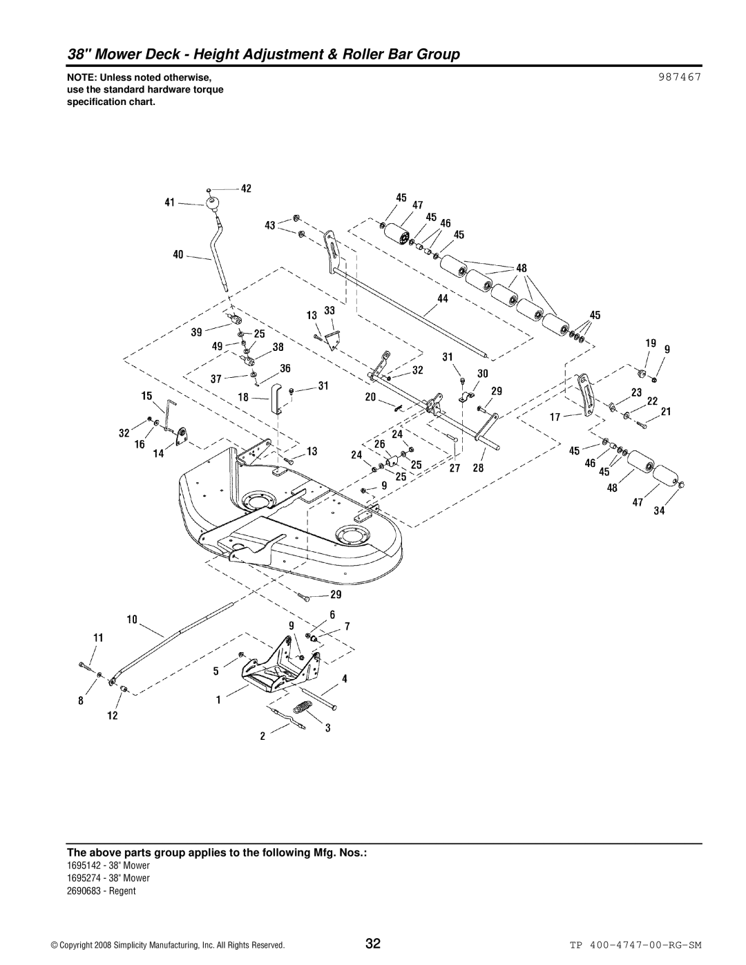 Simplicity Regent / 2500 manual Mower Deck Height Adjustment & Roller Bar Group, 987467 