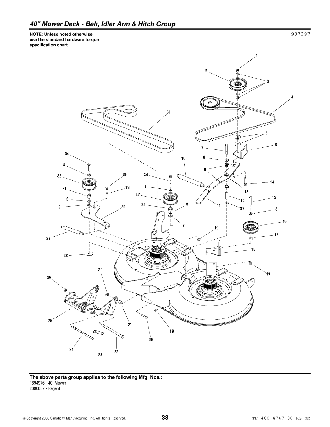 Simplicity Regent / 2500 manual Mower Deck Belt, Idler Arm & Hitch Group, 987297 