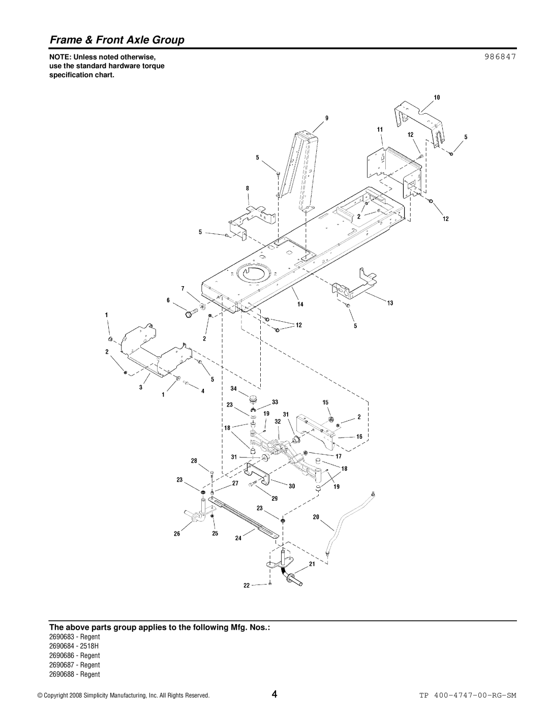 Simplicity Regent / 2500 manual Frame & Front Axle Group, 986847 