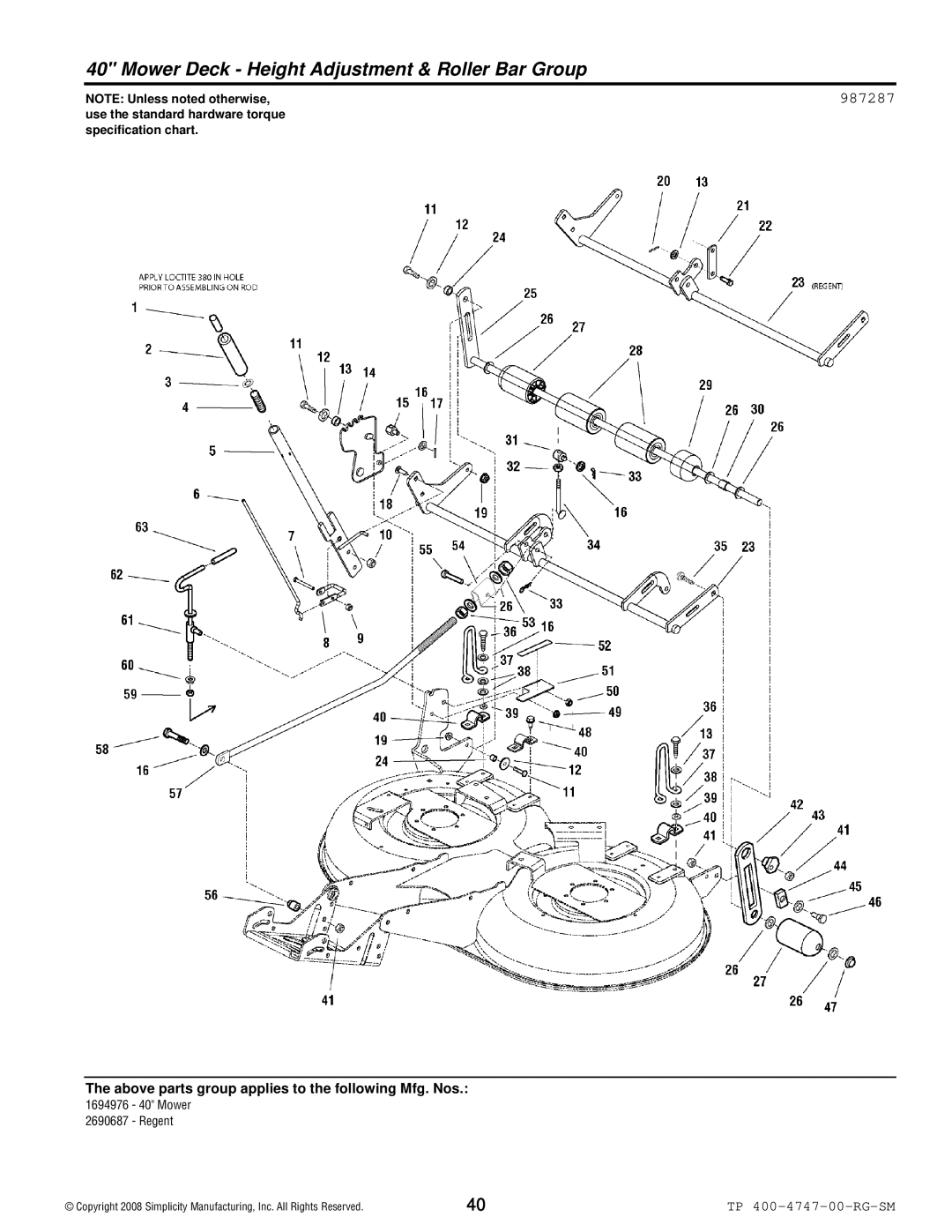 Simplicity Regent / 2500 manual Mower Deck Height Adjustment & Roller Bar Group, 987287 