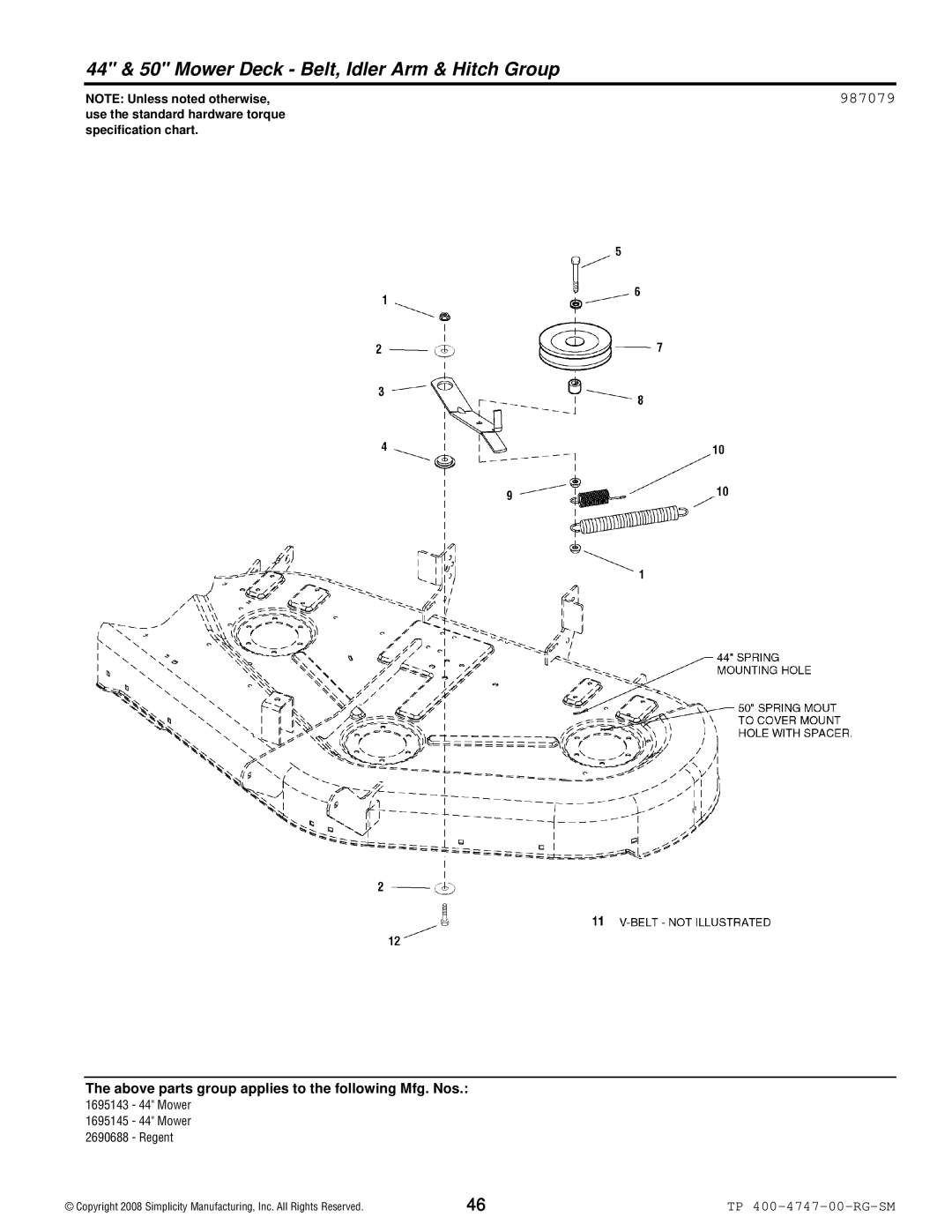 Simplicity Regent / 2500 manual 44 & 50 Mower Deck Belt, Idler Arm & Hitch Group, 987079 