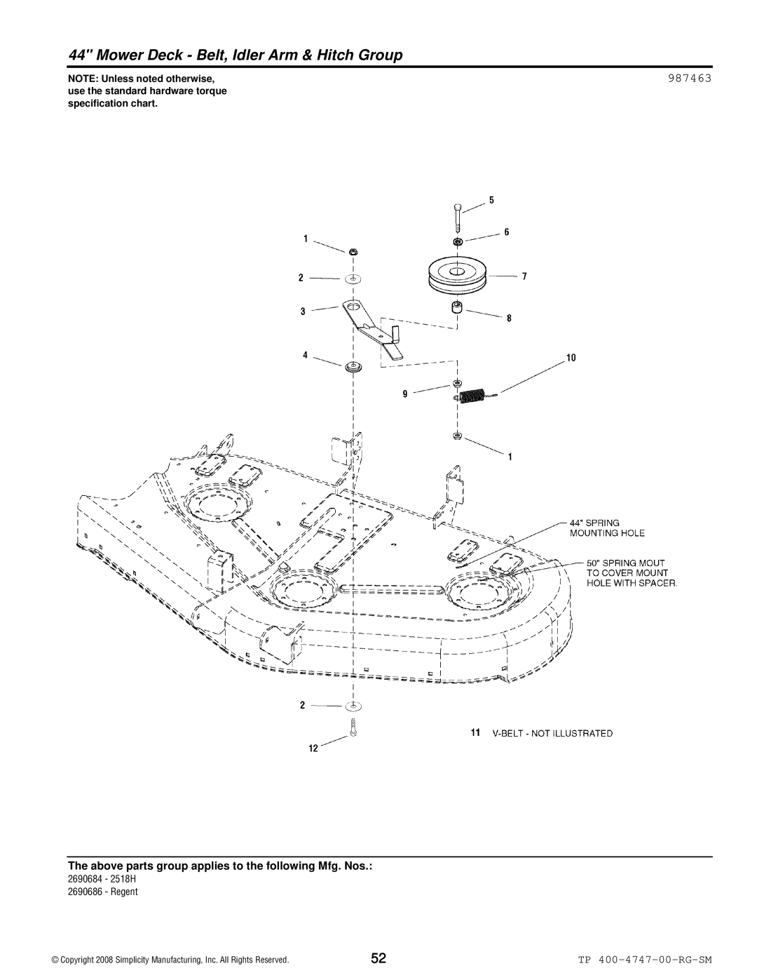 Simplicity Regent / 2500 manual Mower Deck Belt, Idler Arm & Hitch Group, 987463 