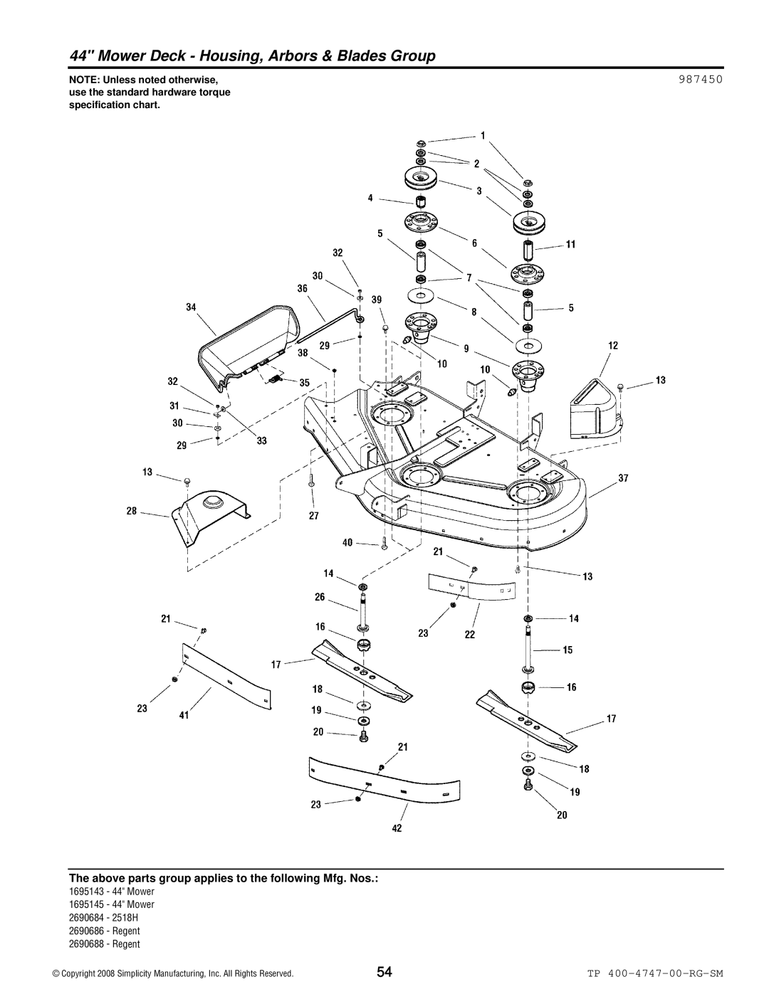 Simplicity Regent / 2500 manual Mower Deck Housing, Arbors & Blades Group, 987450 