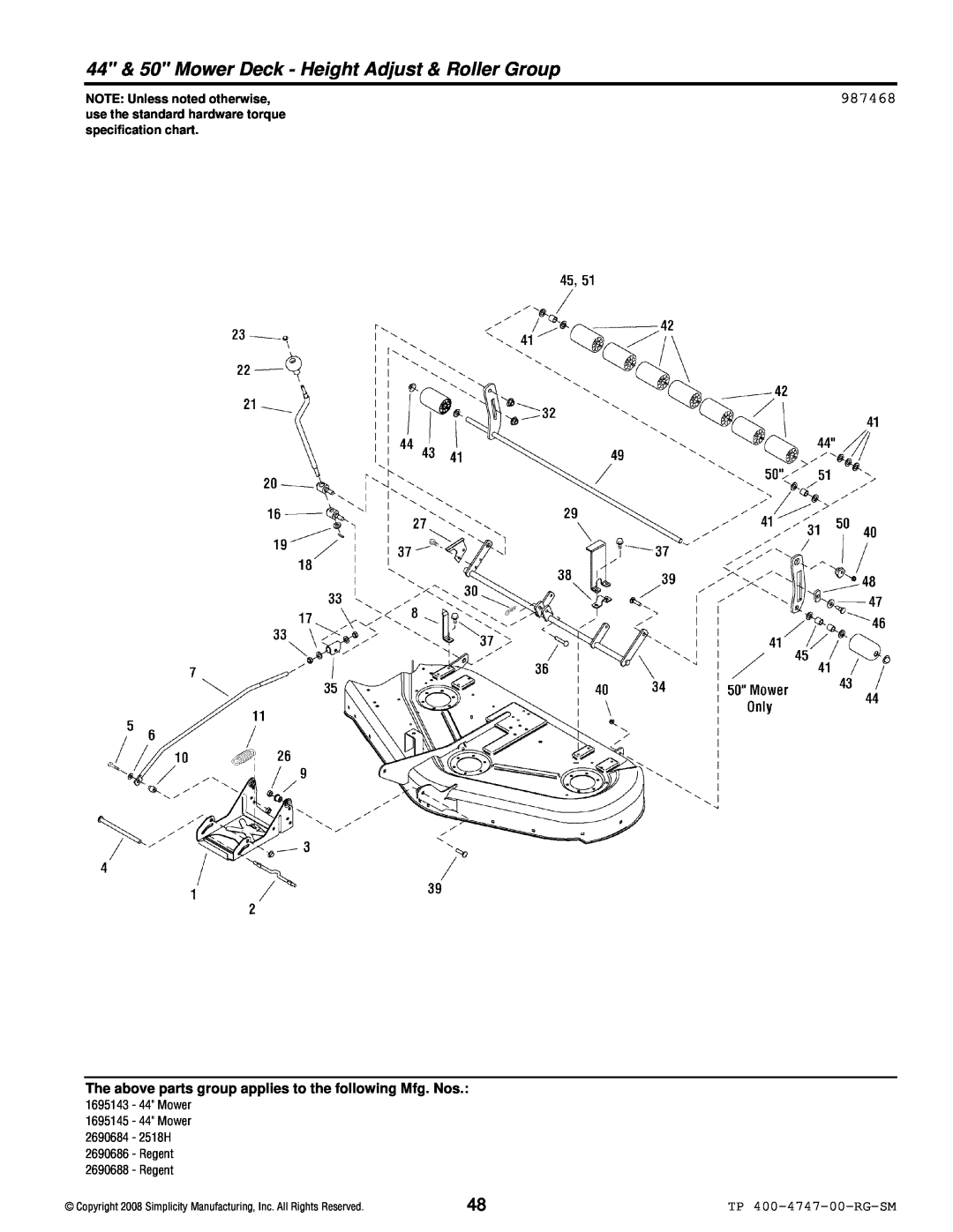 Simplicity Regent / 2500 manual 44 & 50 Mower Deck - Height Adjust & Roller Group, 987468, TP 400-4747-00-RG-SM 