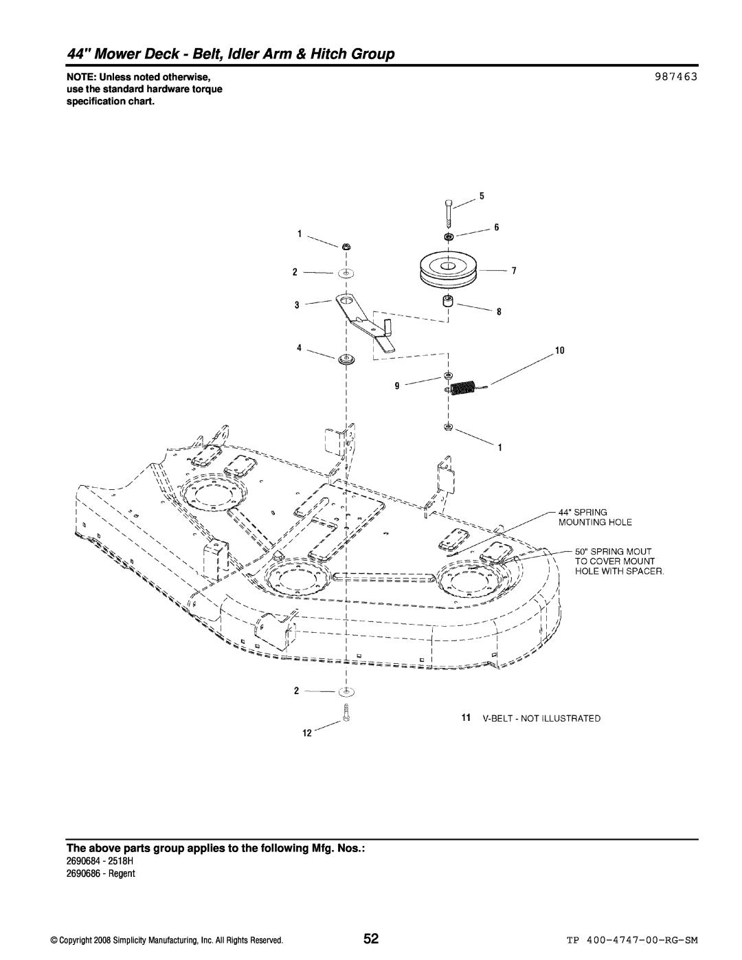 Simplicity Regent / 2500 manual Mower Deck - Belt, Idler Arm & Hitch Group, 987463, TP 400-4747-00-RG-SM 