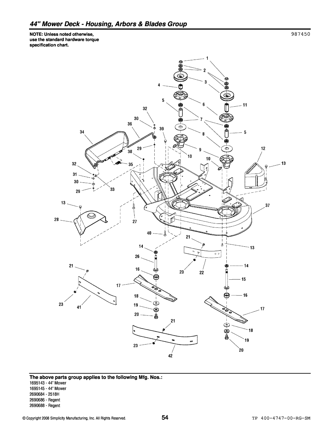 Simplicity Regent / 2500 manual Mower Deck - Housing, Arbors & Blades Group, 987450, TP 400-4747-00-RG-SM 