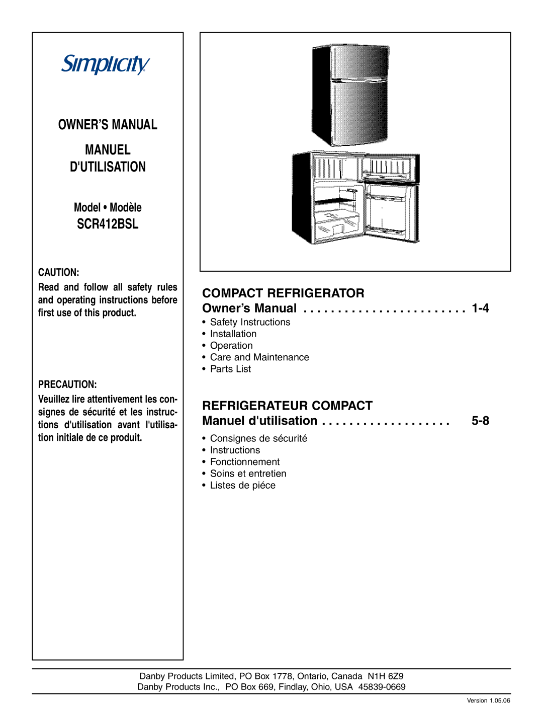 Simplicity SCR412BLS owner manual Compact Refrigerator, Refrigerateur Compact 