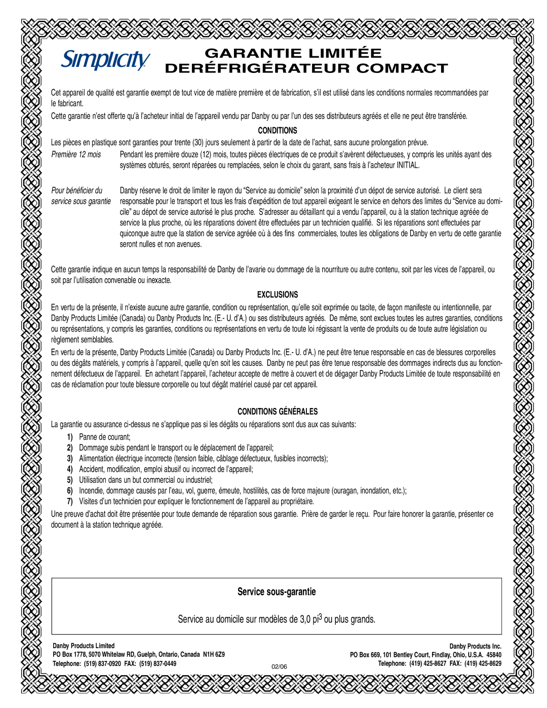 Simplicity SCR412BLS owner manual Garantie Limitée Deréfrigérateur Compact, Service sous-garantie, Conditions Générales 