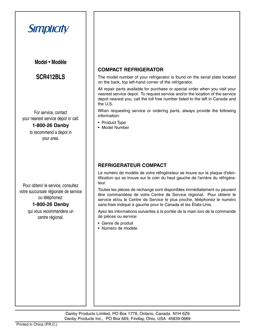 Simplicity SCR412BLS owner manual Danby 